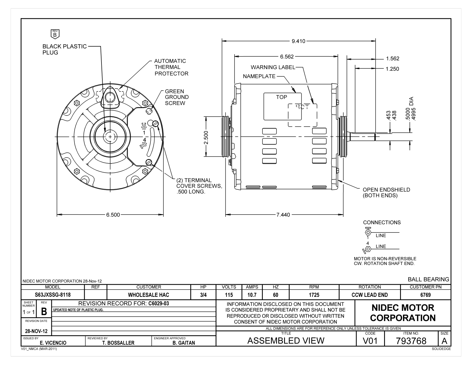 US Motors 6769 Dimensional Sheet