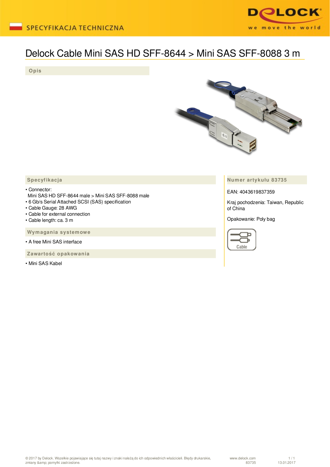 DeLOCK cable mini SAS HD SFF-8644 on mini SAS SFF-8088, 3m User Manual