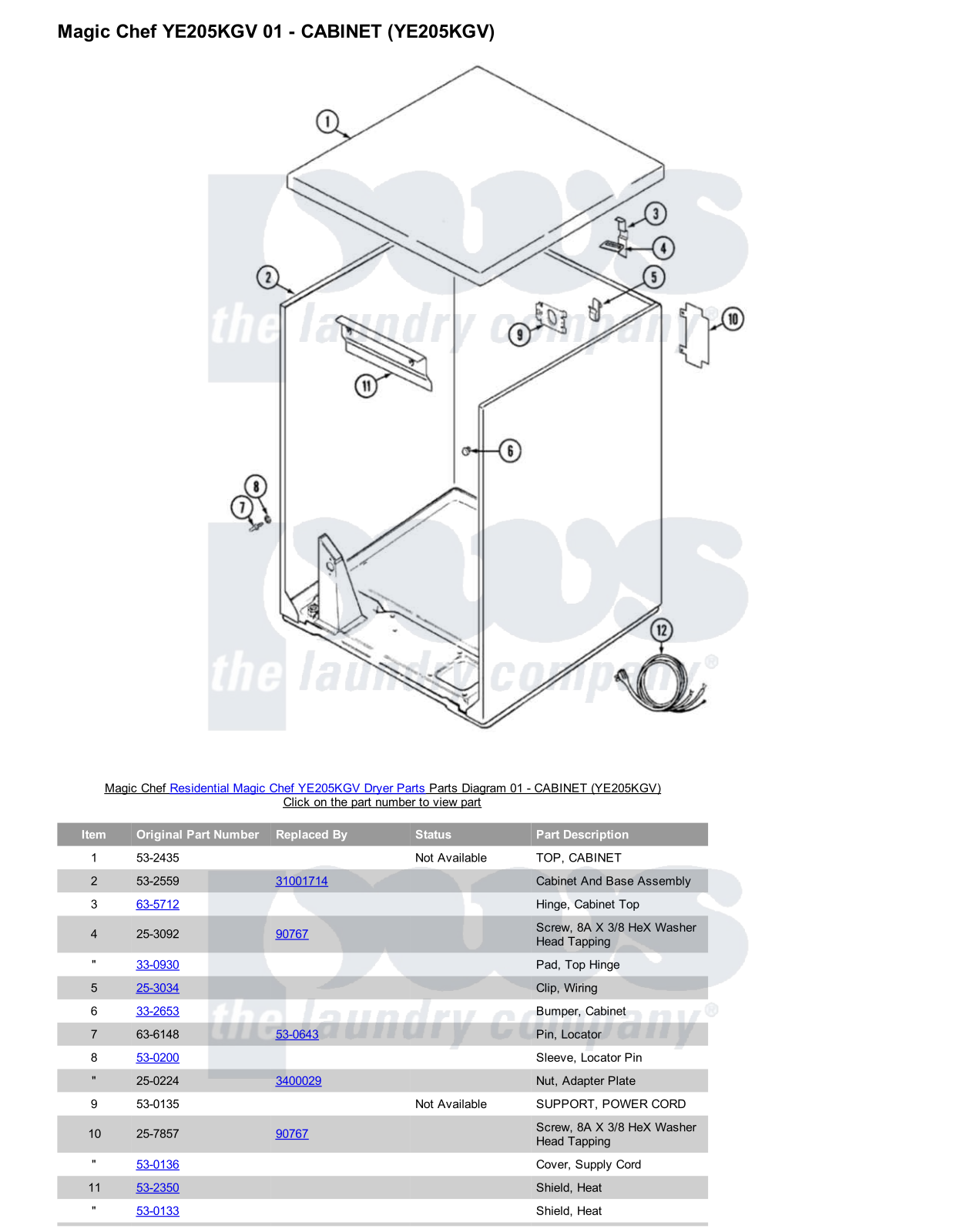 Magic Chef YE205KGV Parts Diagram