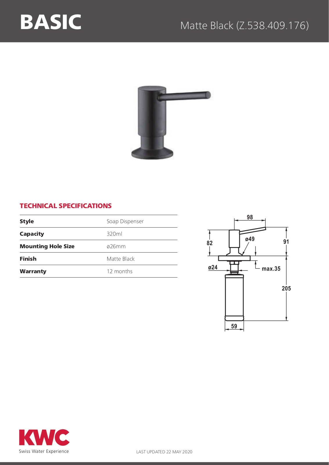 KWC Z538409176 Specifications Sheet