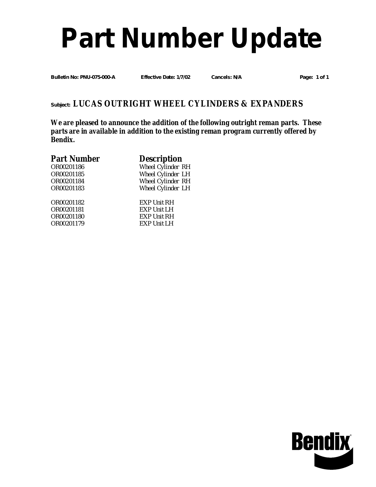 BENDIX PNU-075 User Manual