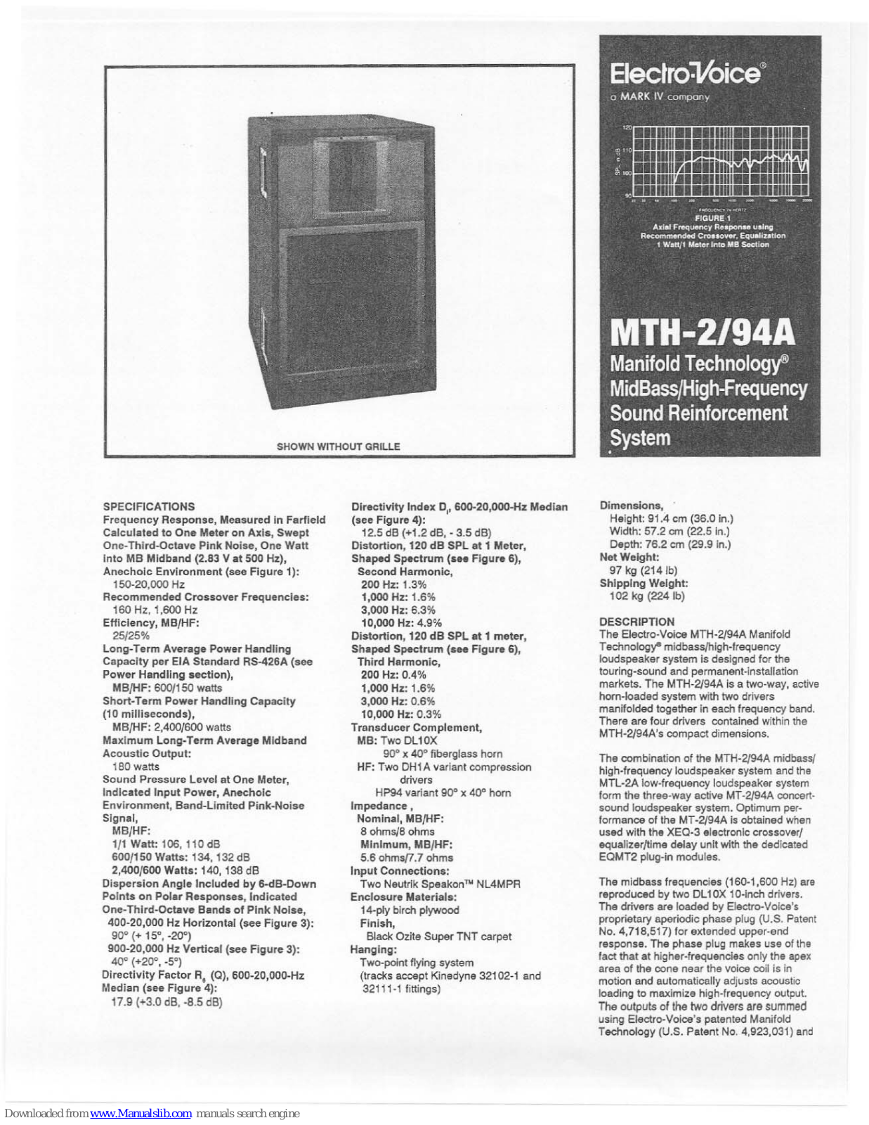 Electro-Voice Manifold Technology MTH-2/94A Datasheet