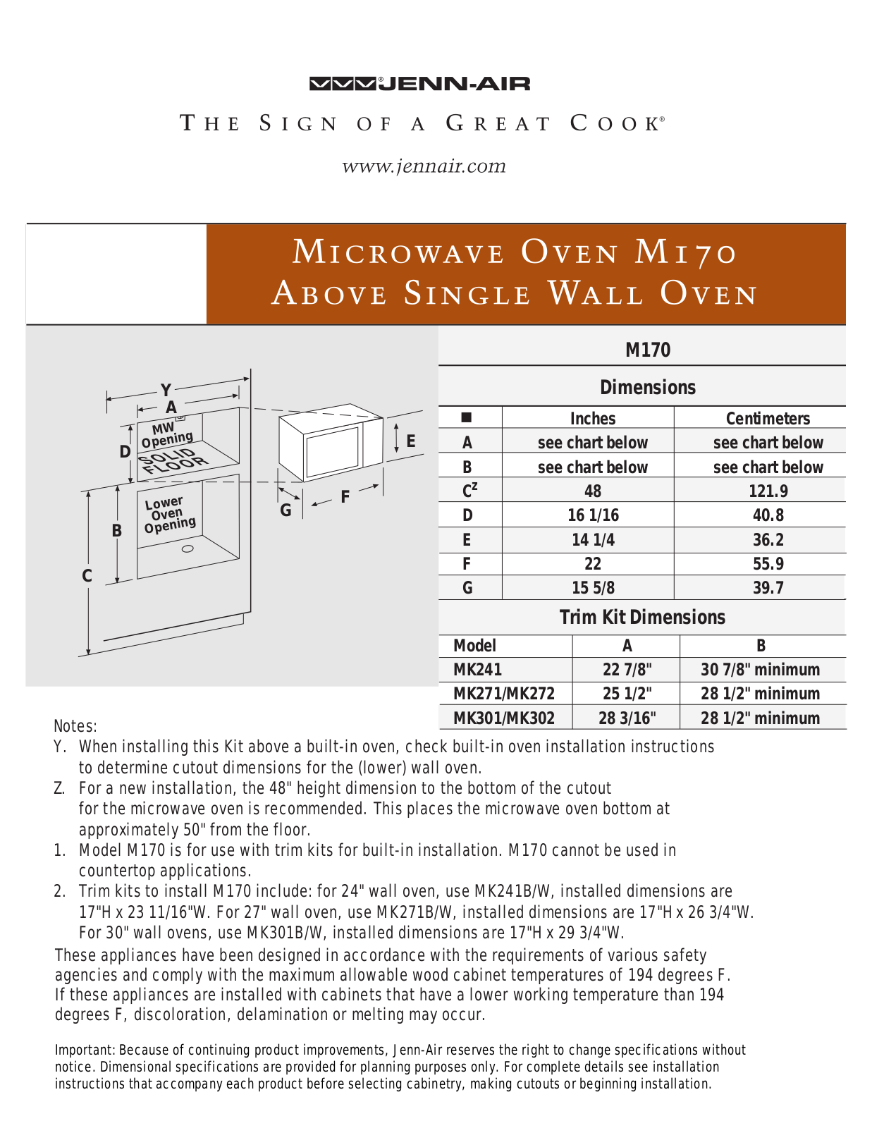 Jenn-Air M170B, M170W Dimension Guide