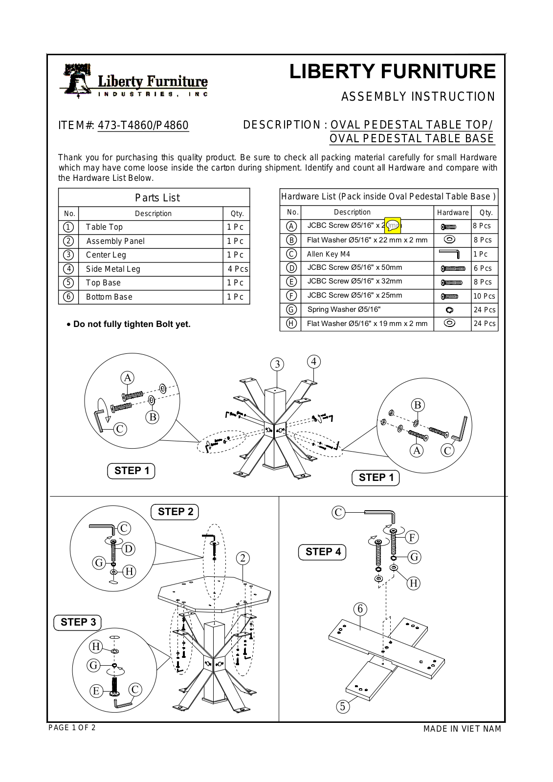 Liberty Furniture 473-T4860, 473-P4860 Assembly Instruction Manual