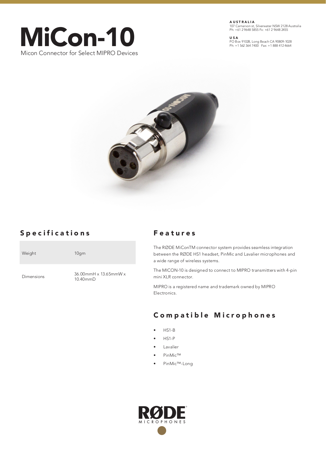 Rode Microphones MiCon-10 Specifications