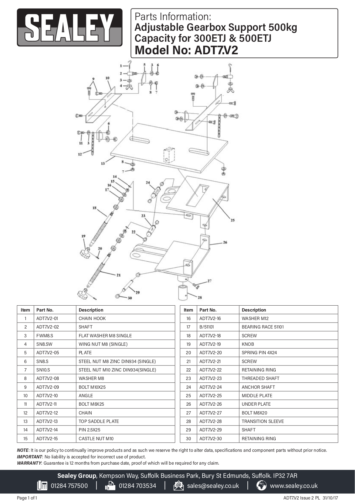 Sealey ADT7.V2 Parts Listing