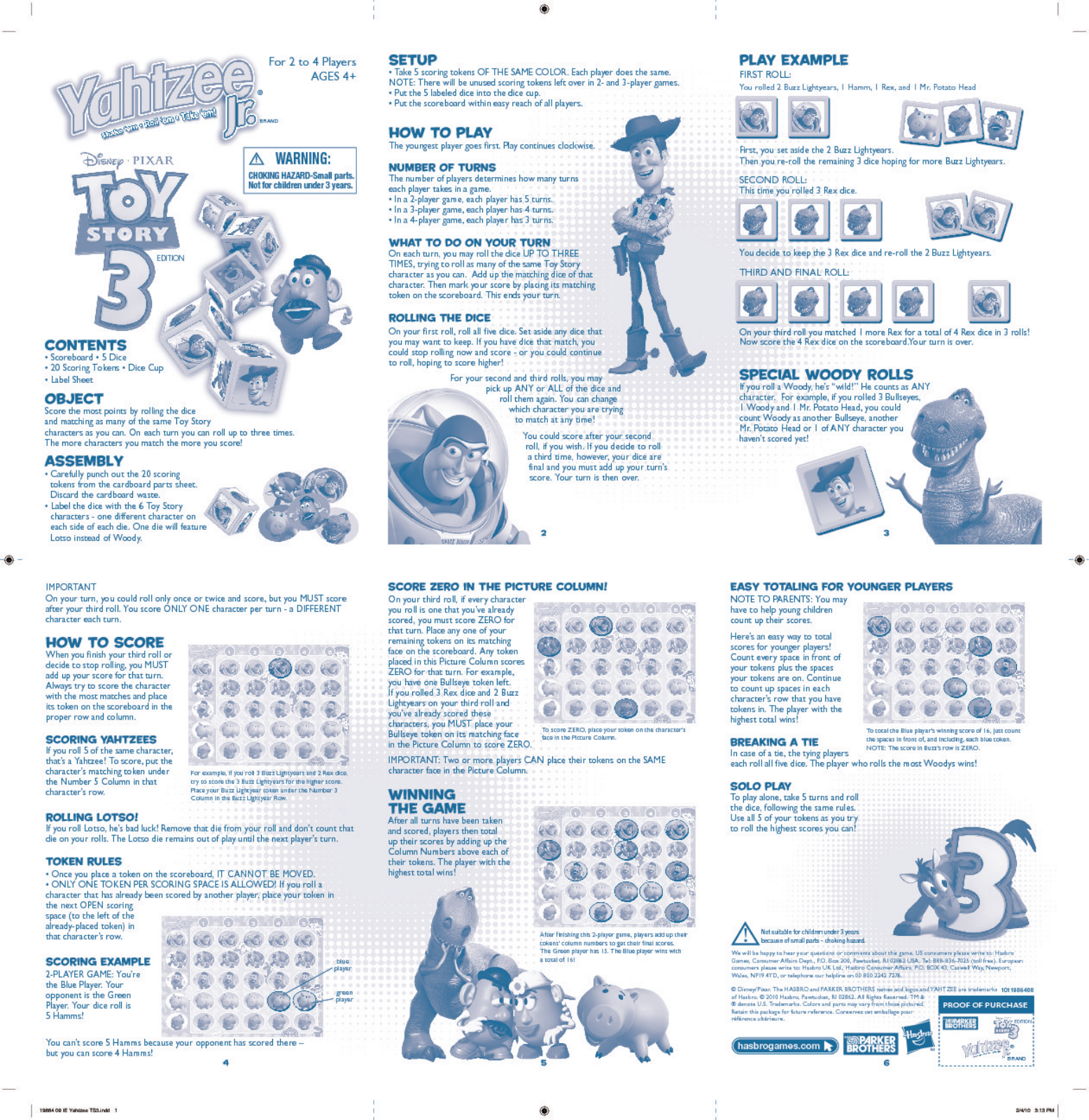 HASBRO Yahtzee Jr Toy Story 3 User Manual