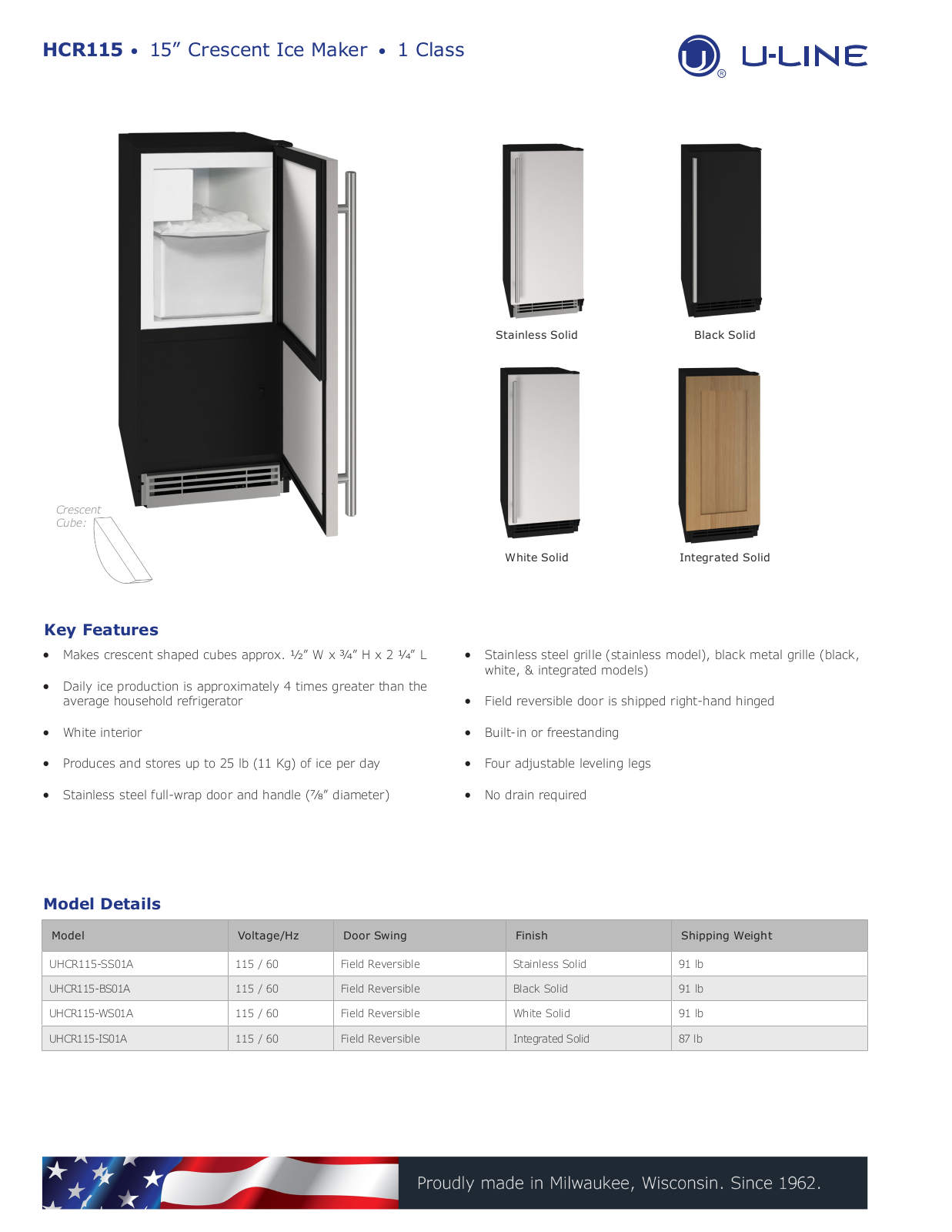 U-Line UHCR115-SS01A, UHCR115-BS01A, UHCR115-WS01A, UHCR115-IS01A Specification Sheet