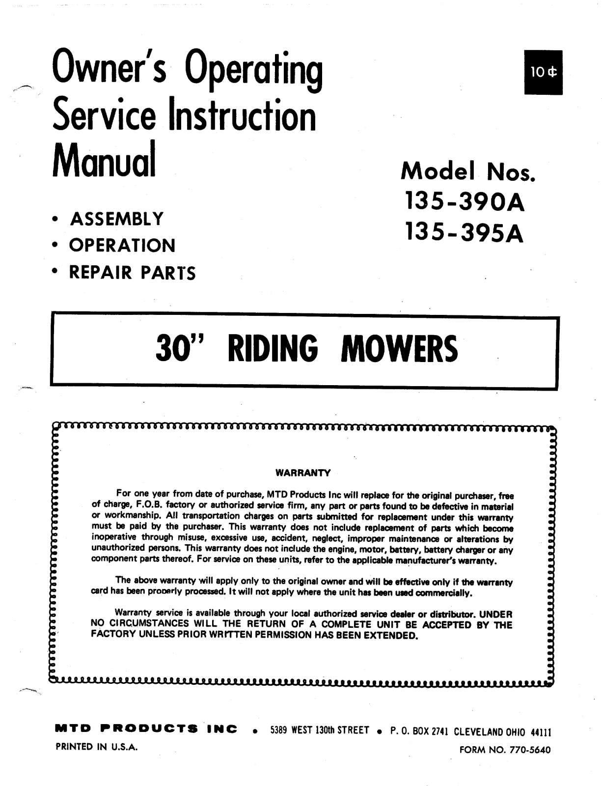 Mtd 135-390a, 135-395a owners Manual