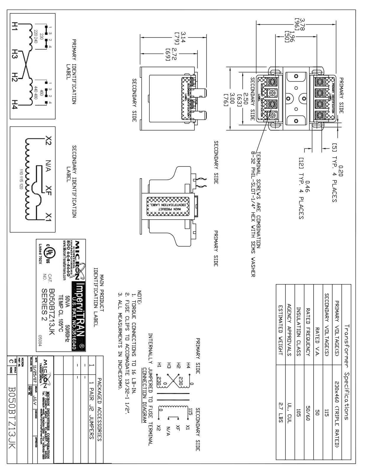 Micron Industries B050BTZ13JK Specification Sheet