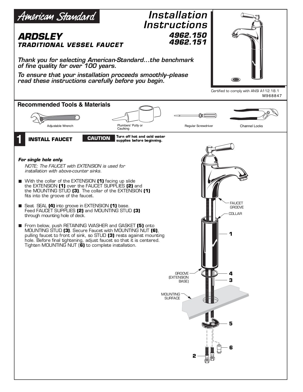 American Standard 4962.151, 4962.150 User Manual