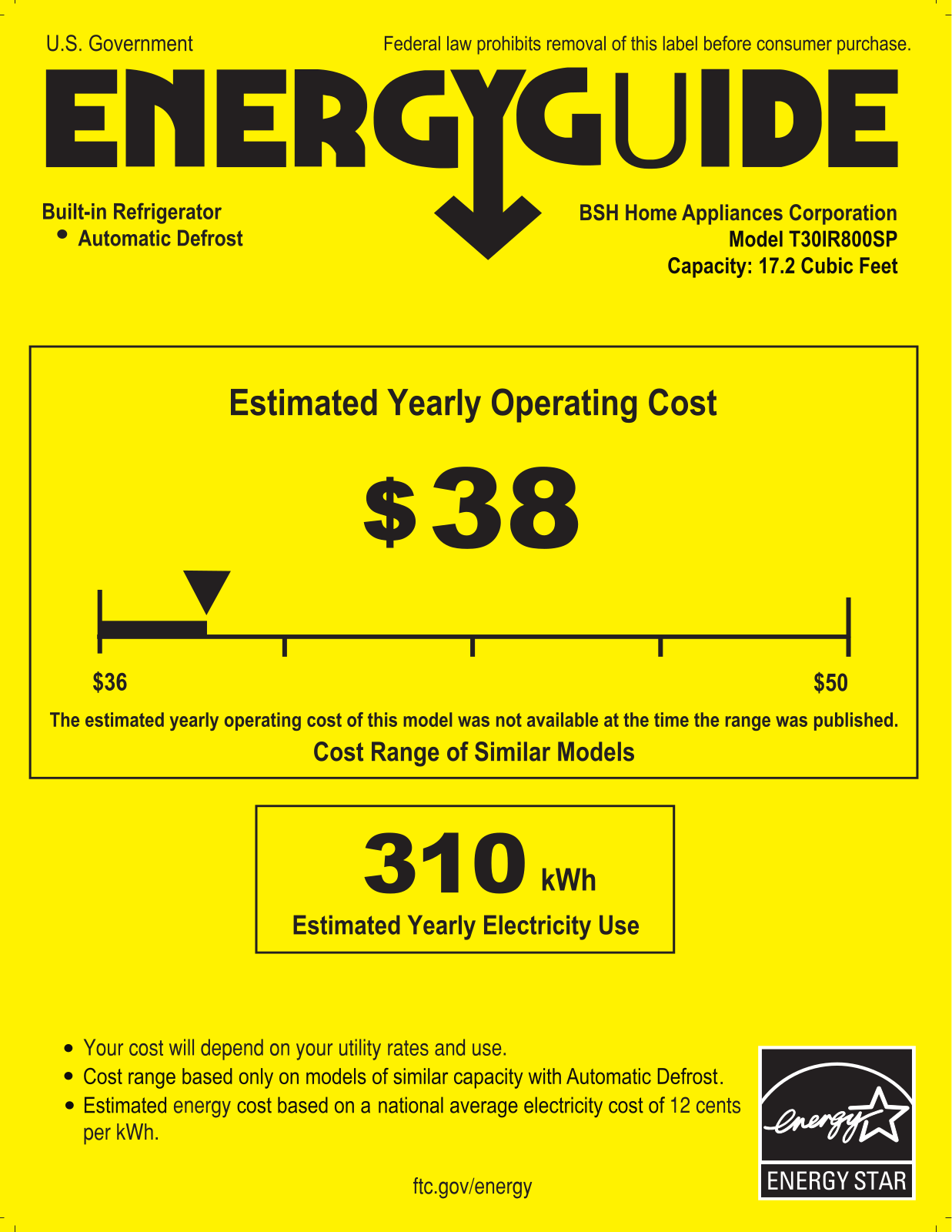 Thermador T30IR800SP Energy Guide