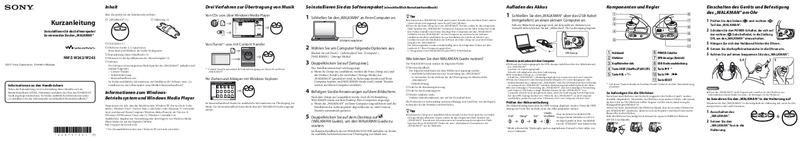 Sony NWZ-W262, NWZ-W263 QUICK START GUIDE