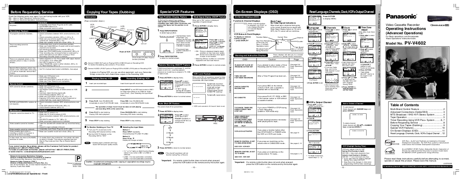 Panasonic PV-V4602 Operating Instructions