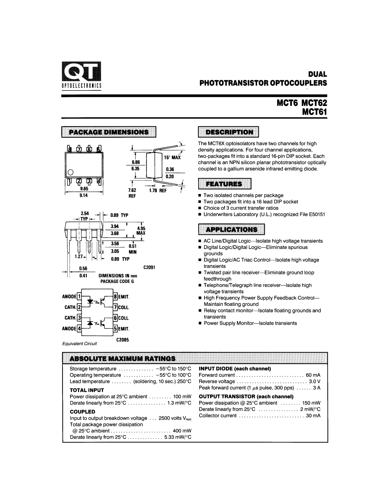 QT MCT62, MCT61, MCT6 Datasheet