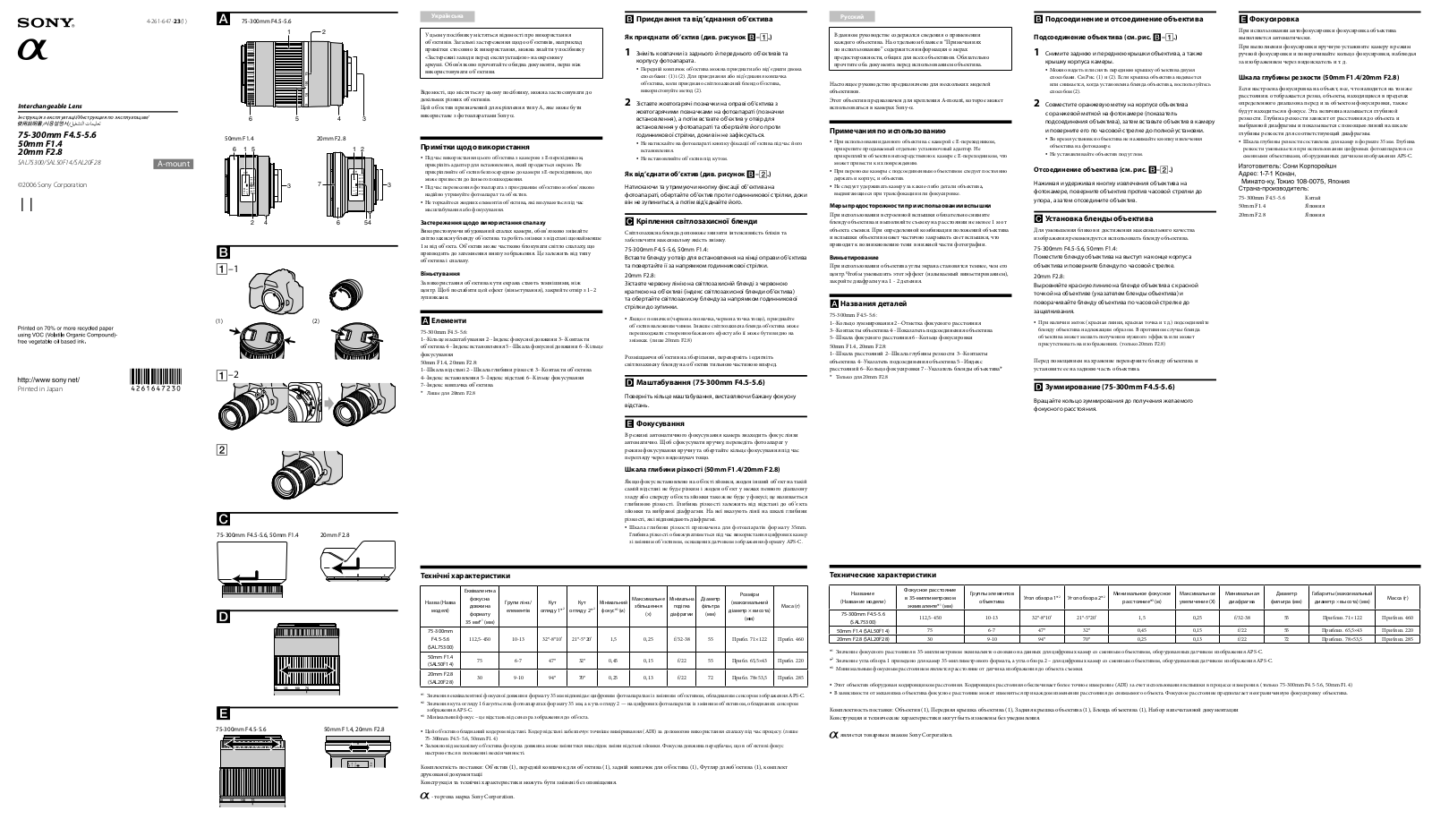 Sony 75-300mm F4.5-5.6 User Manual