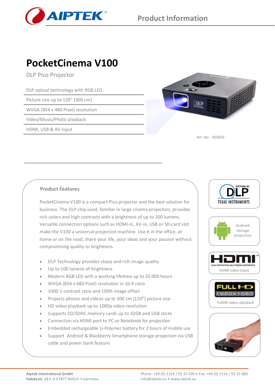 Aiptek V100 Product Sheet