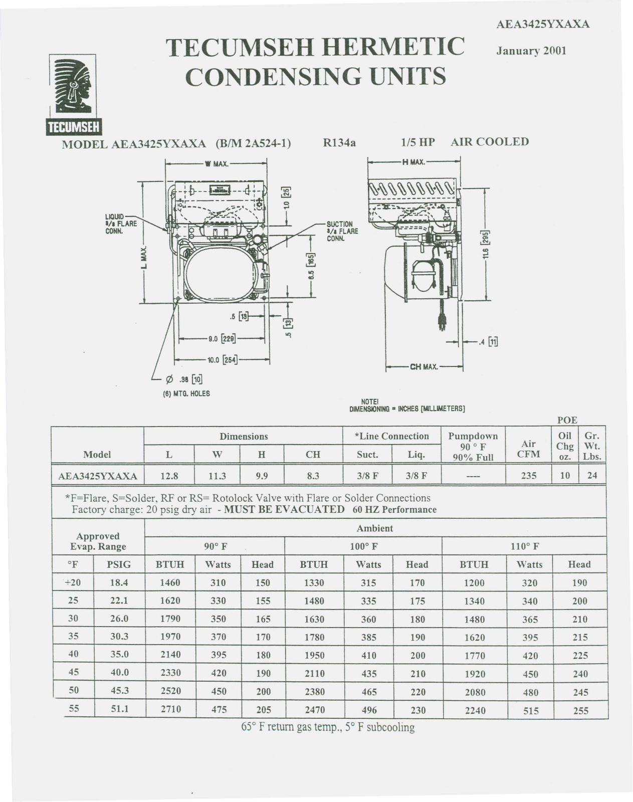 Tecumseh AE3425Y-AA1AXA, AEA3425YXAXA Performance Data Sheet