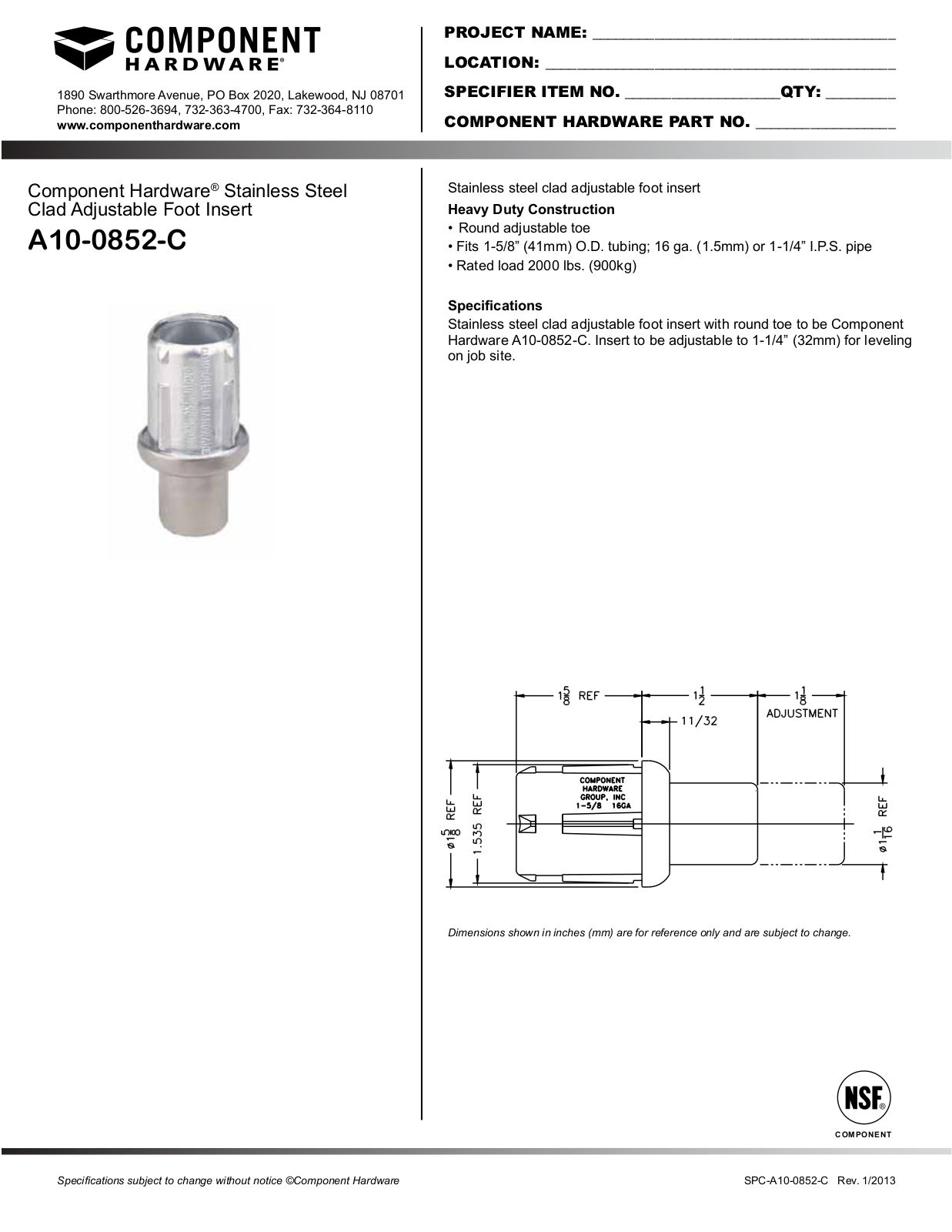 Component Hardware A10-0852-C User Manual