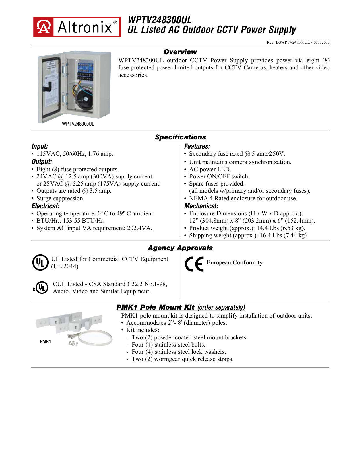 Altronix WPTV248300UL Data Sheet