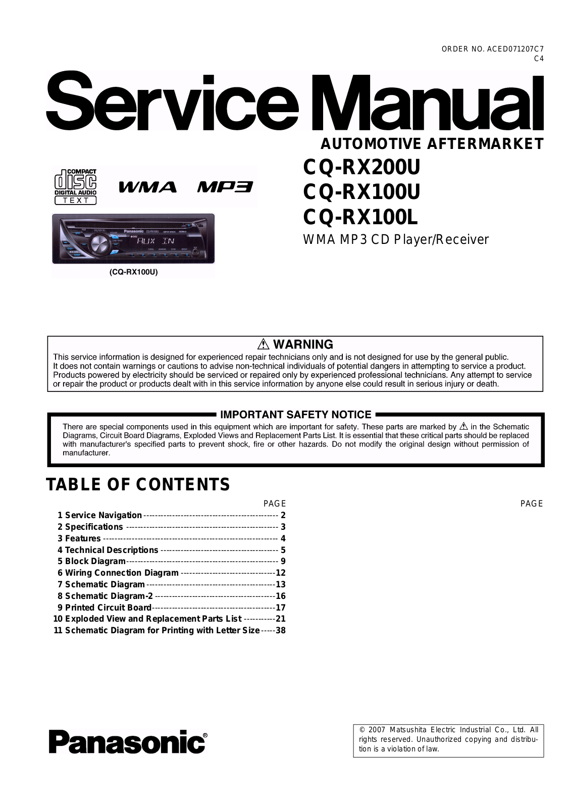 Panasonic CQ-RX200U, CQ-RX100U, CQ-RX100L Service Manual