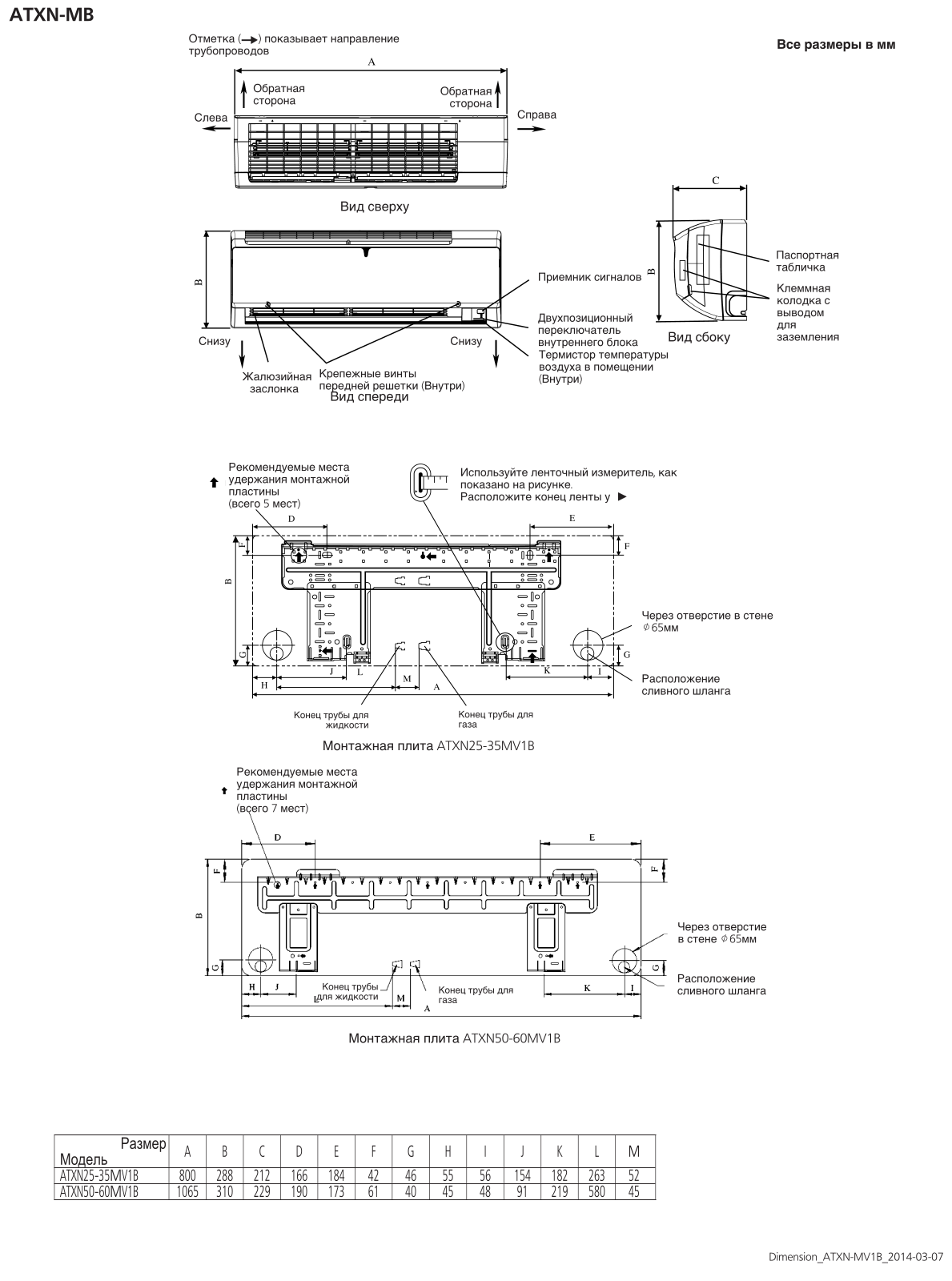 Daikin ATXN35MB, ATXN60MB, ATXN50MB, ATXN25MB Dimensions