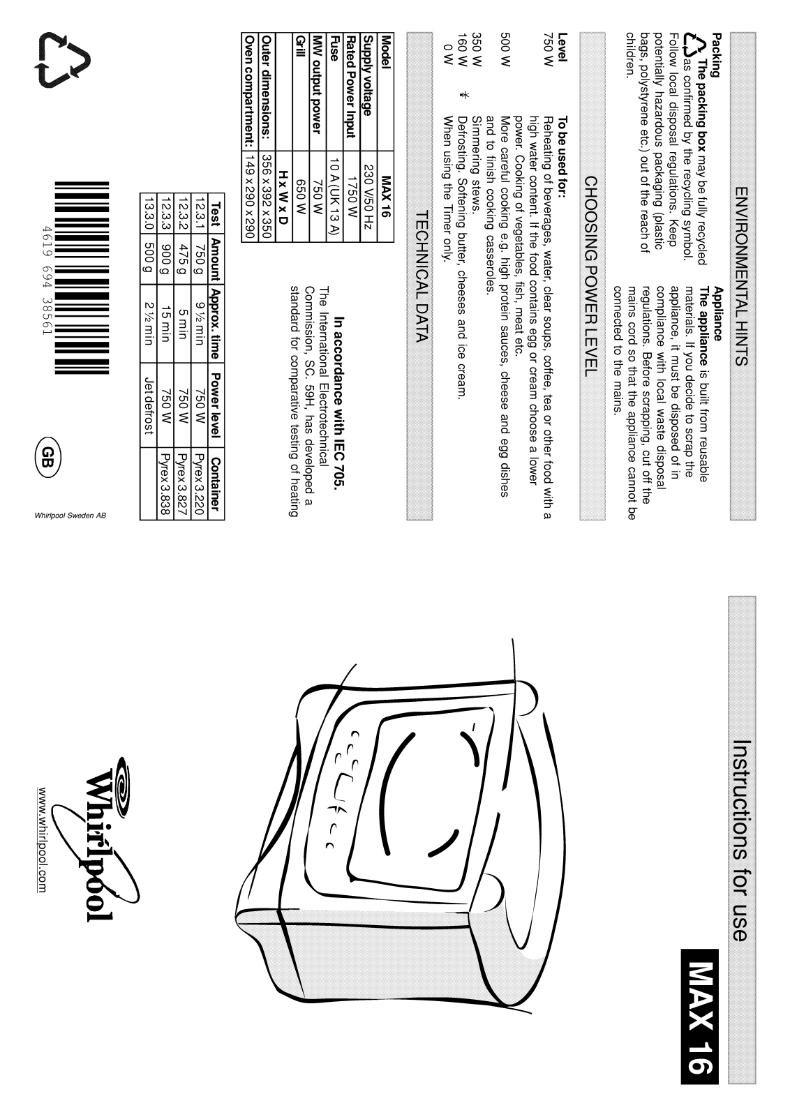 Whirlpool MAX 16/WH/2, MAX 16/BL, MAX 16/WH, MAX 16/2/BL INSTRUCTION FOR USE
