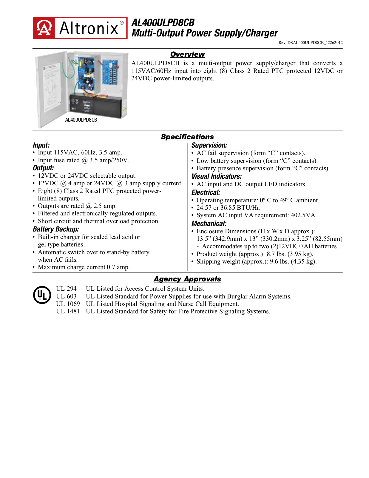 Altronix AL400ULPD8CB Specsheet