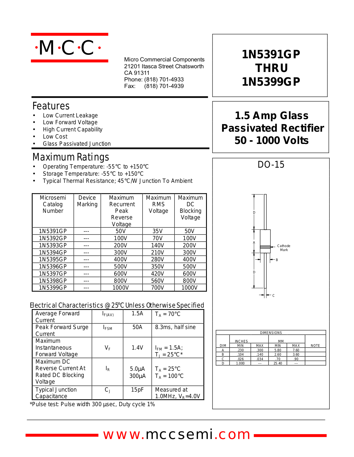 MCC 1N5399GP, 1N5398GP, 1N5397GP, 1N5395GP, 1N5393GP Datasheet