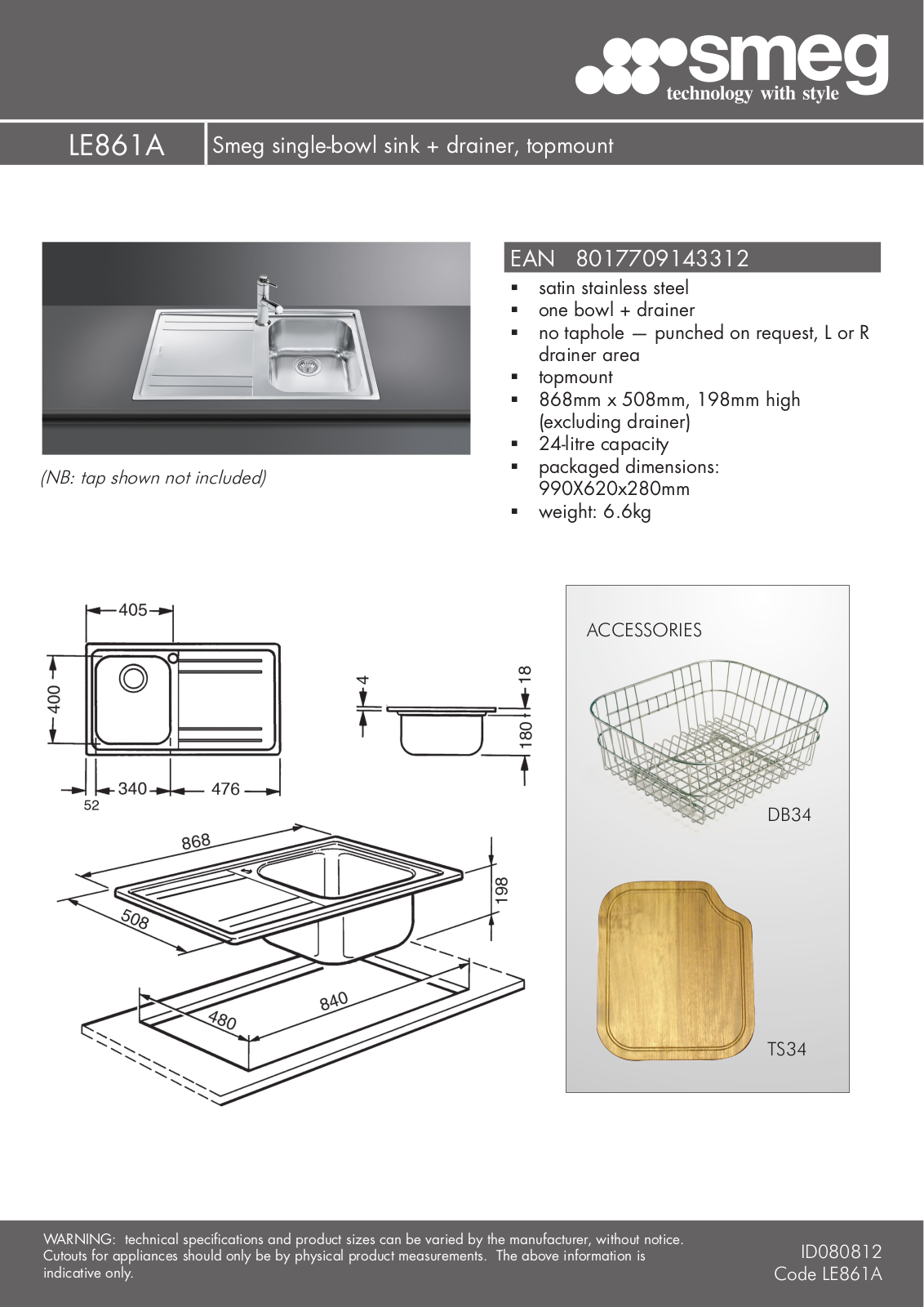 Smeg LE861A-2 Specifications Sheet