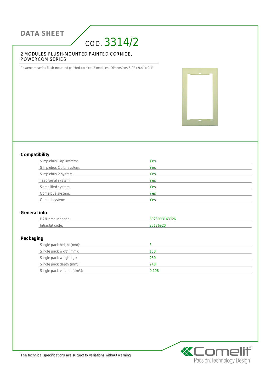 Comelit 3314-2 Specsheet