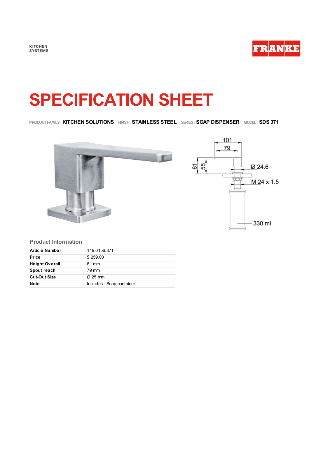 Franke Foodservice SDS 371 User Manual