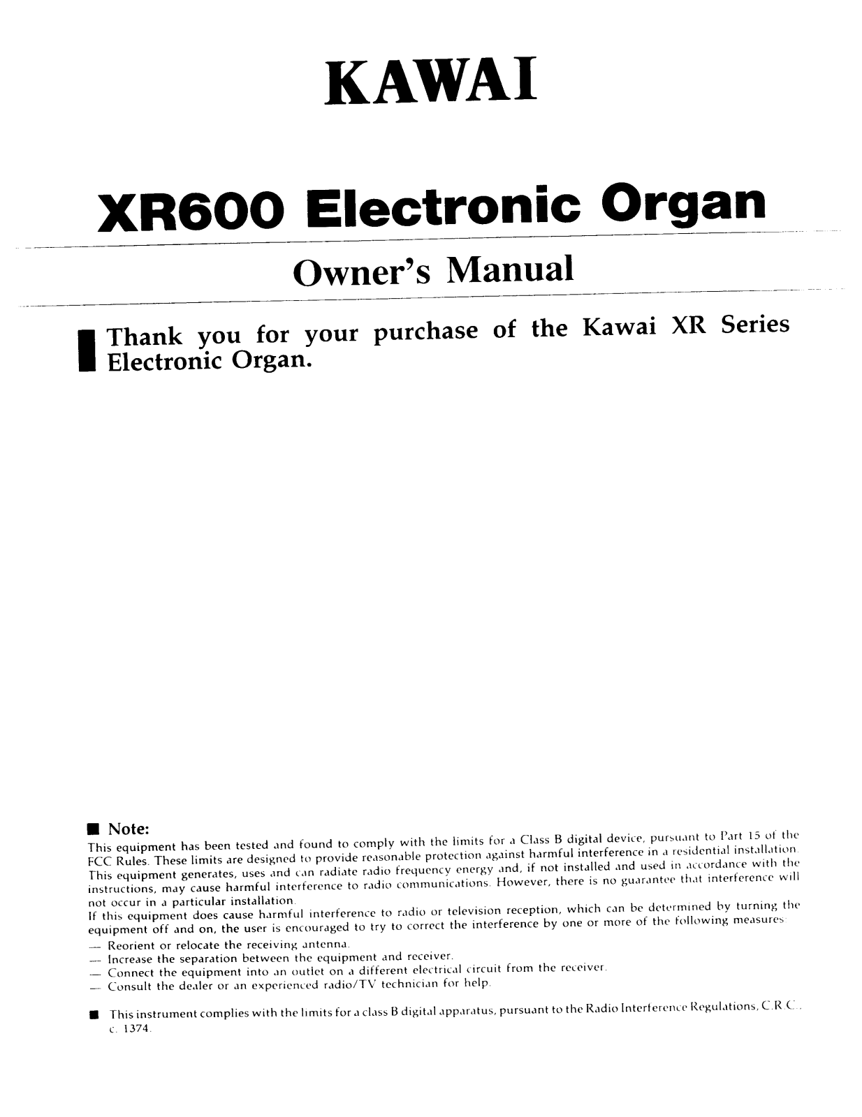 KAWAI XR600 User Guide