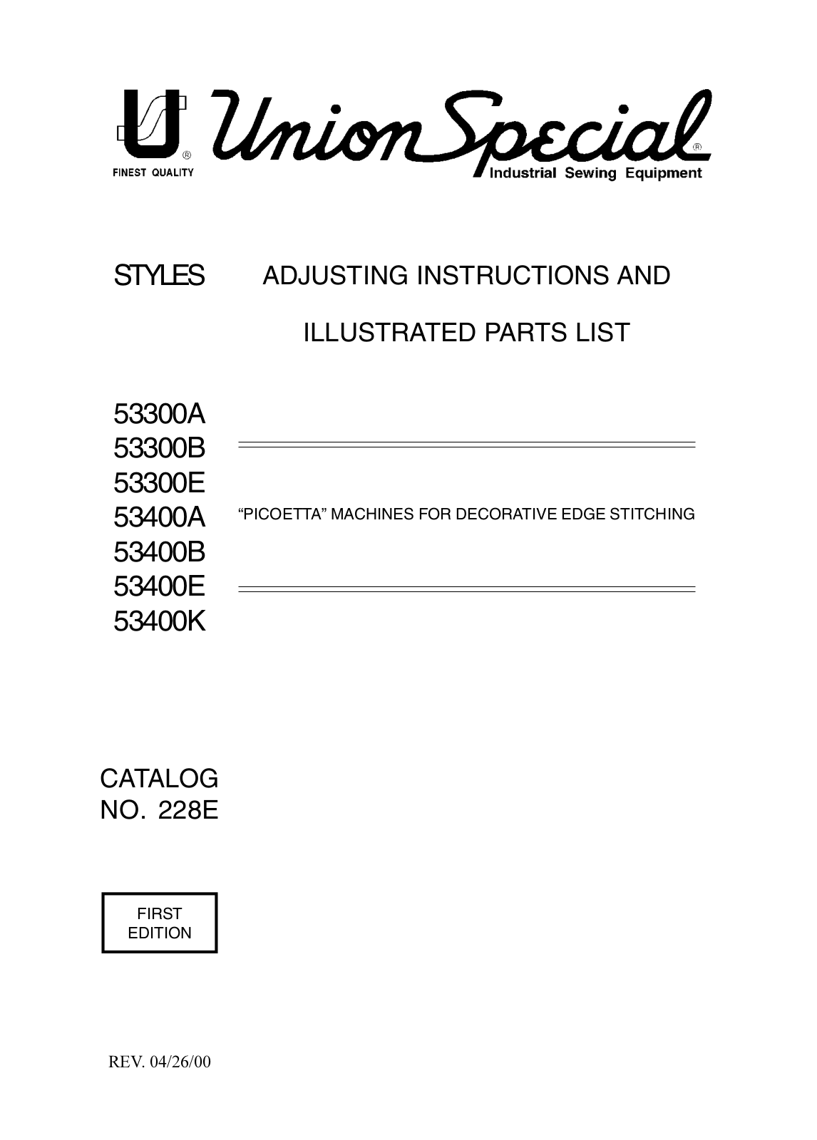 Union Special 53300A, 53300B, 53300E, 53400A, 53400B Parts List