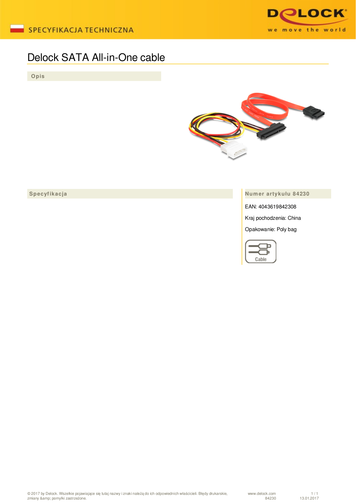 DeLOCK SATA All-in-One cable 0.5m, straight User Manual