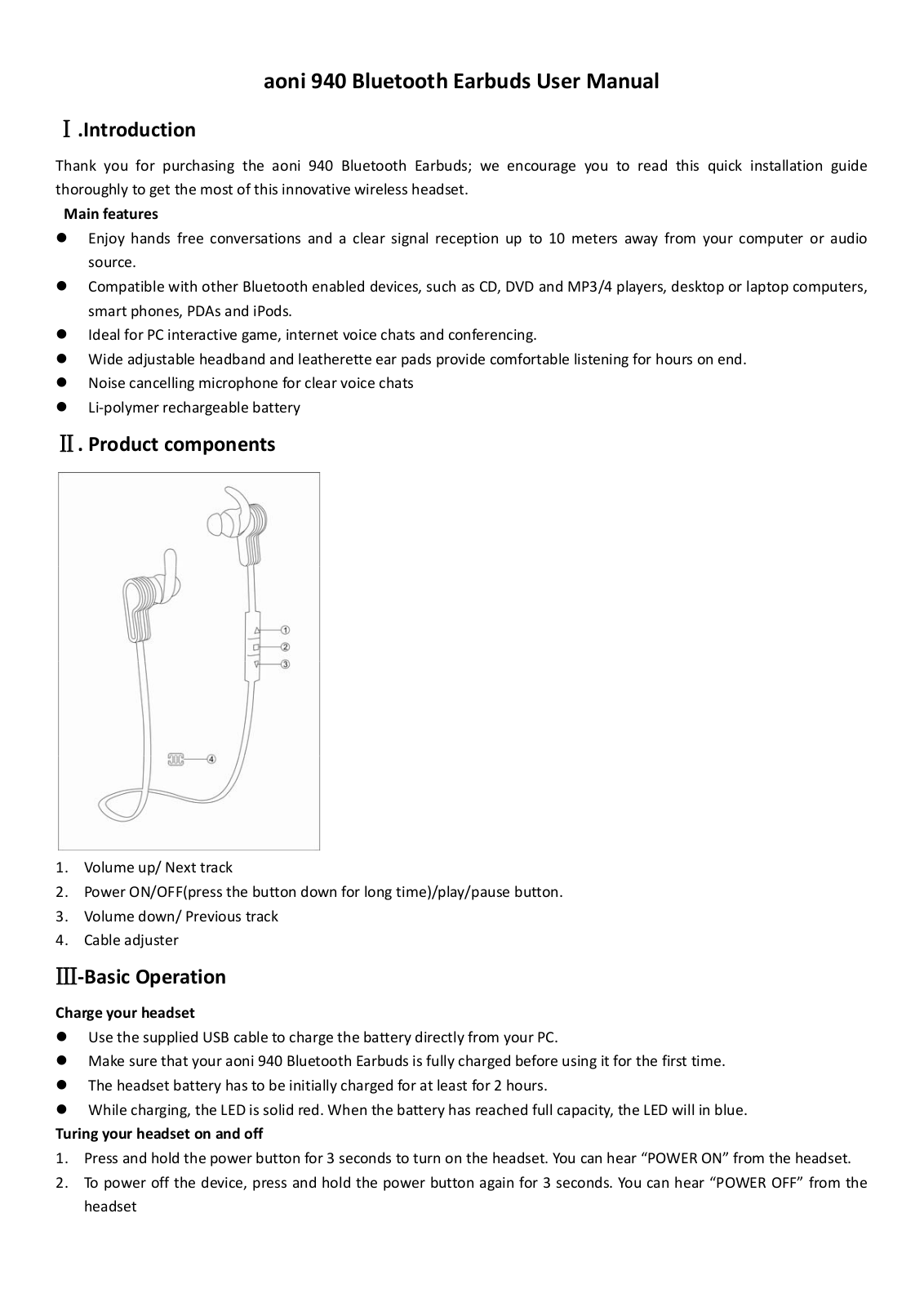 ShenZhen Aoni Electronic Industry BTEARBUDS User Manual