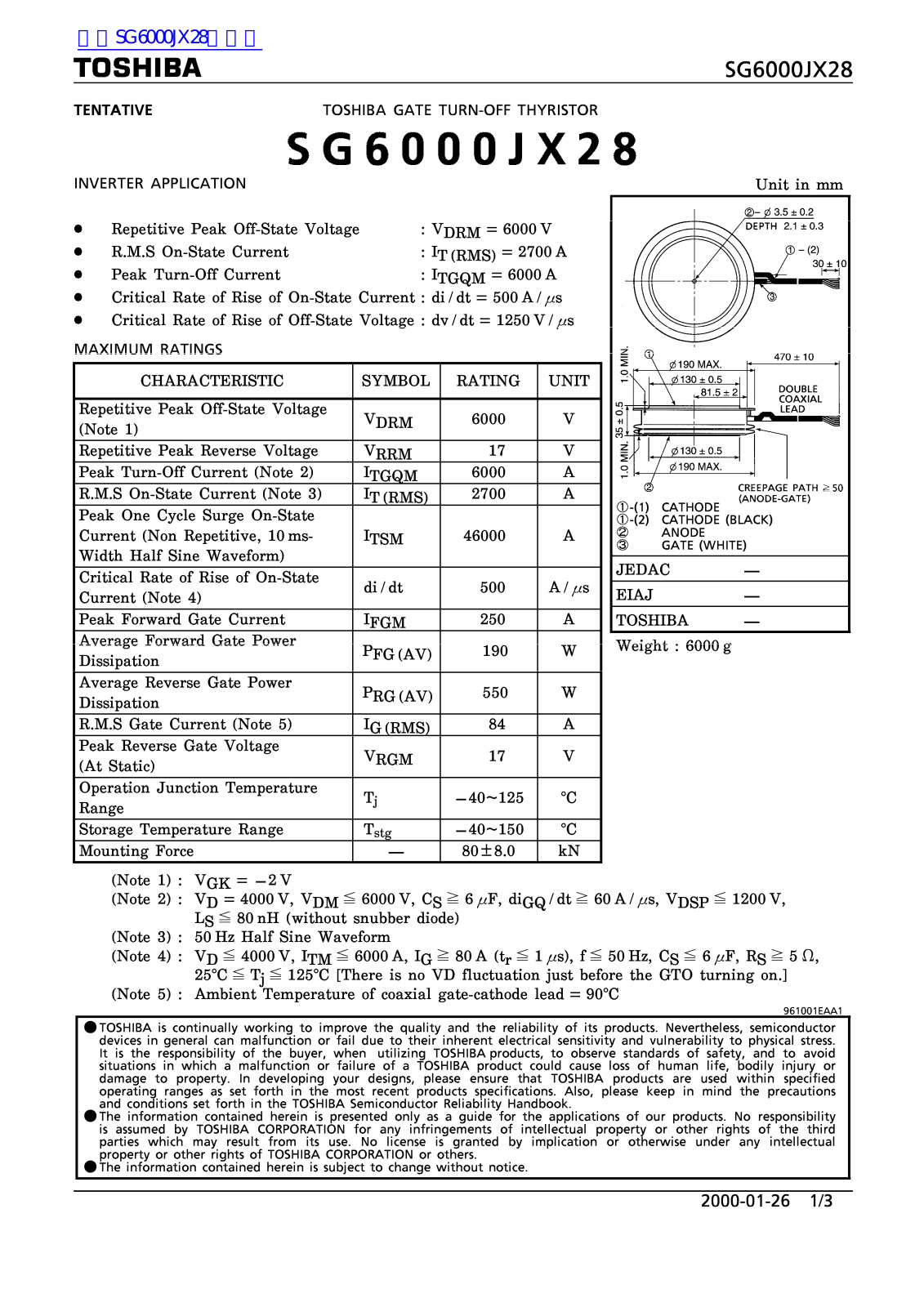 TOSHIBA SG6000JX28 Technical data