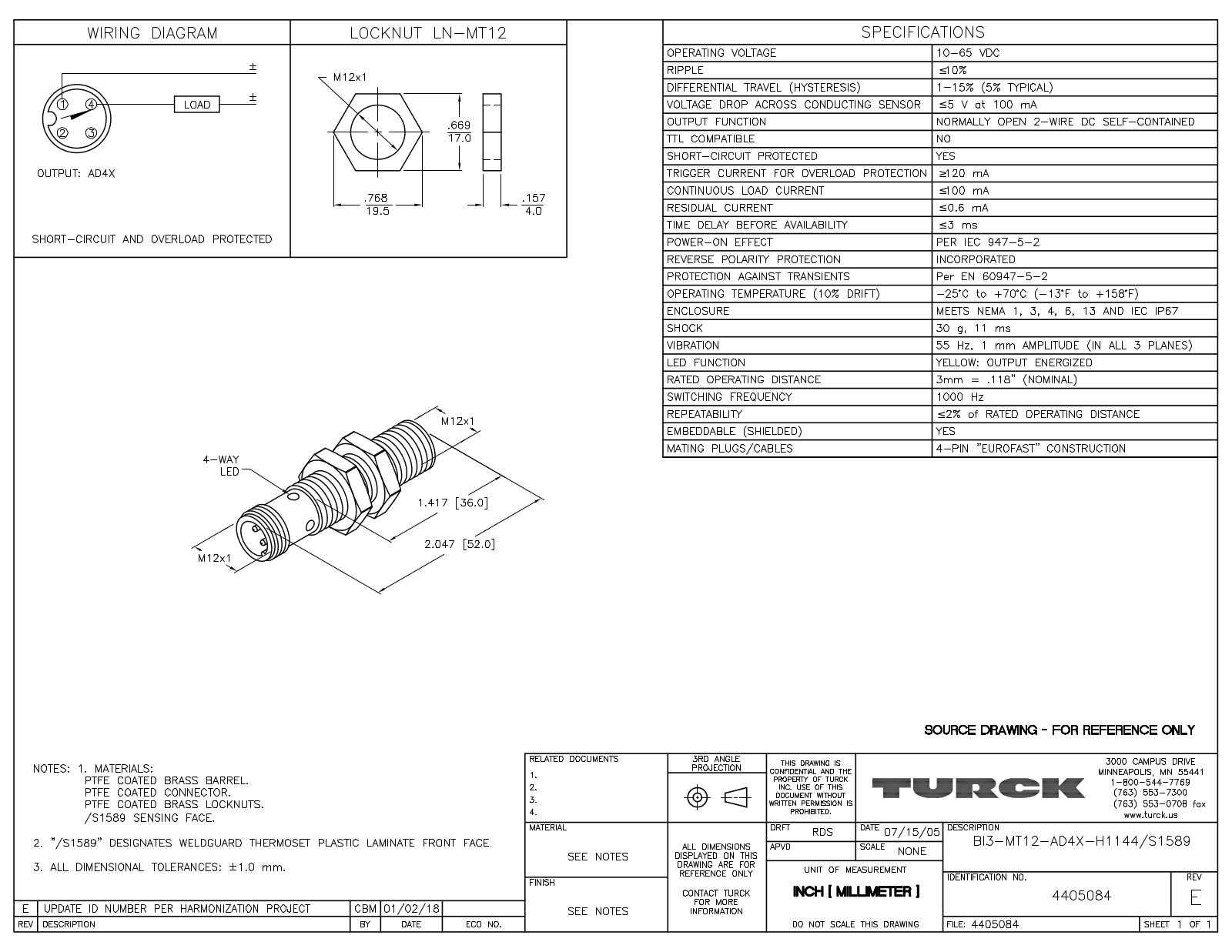 Turck BI3-MT12-AD4X-H1144/S1589 Data Sheet