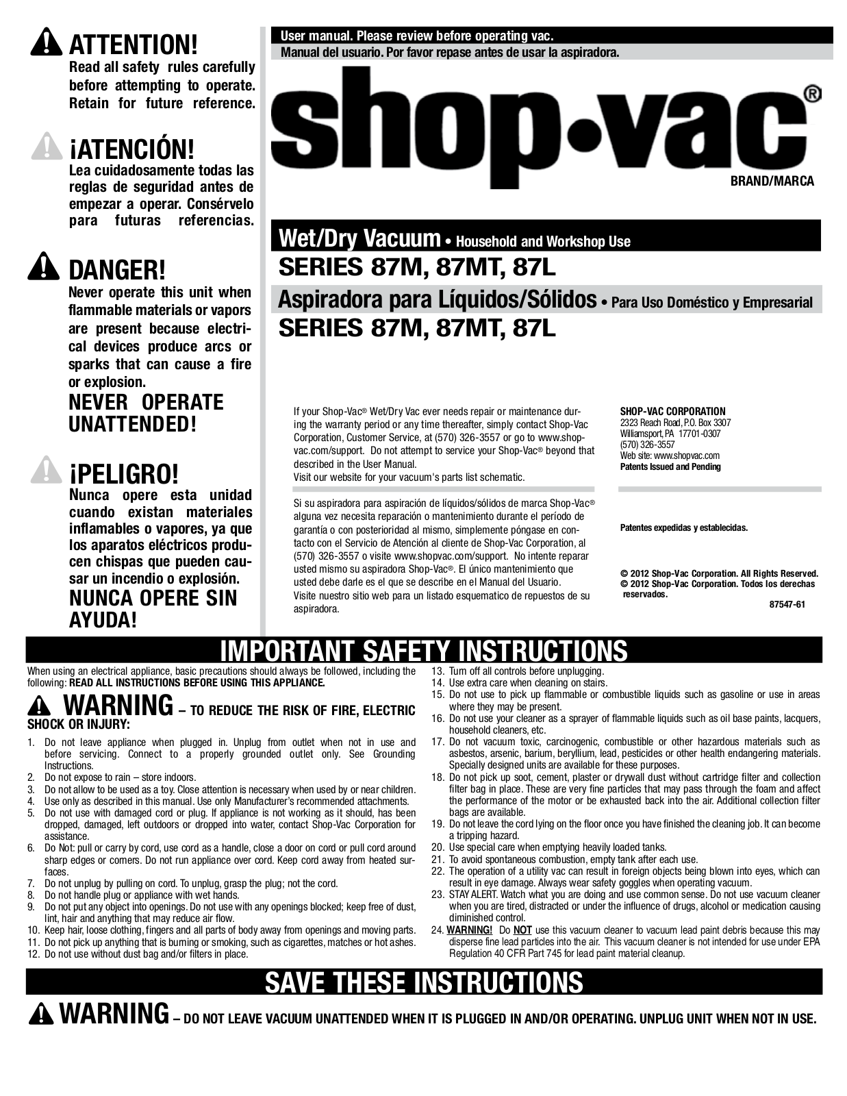 Shop Vac 87l650c Owner's Manual