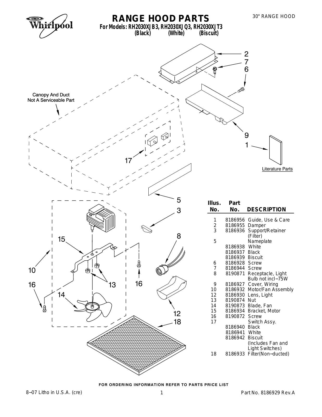 Whirlpool RH2030XJB3, RH2030XJT3, RH2030XJQ3 User Manual