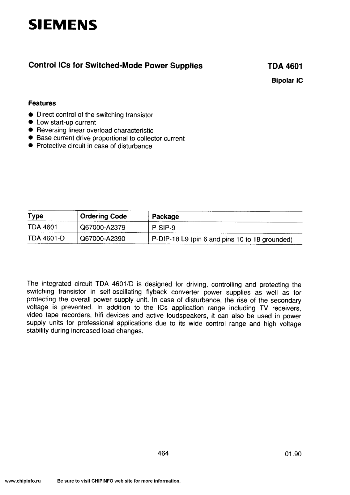 Siemens TDA4601D, TDA4601 Datasheet