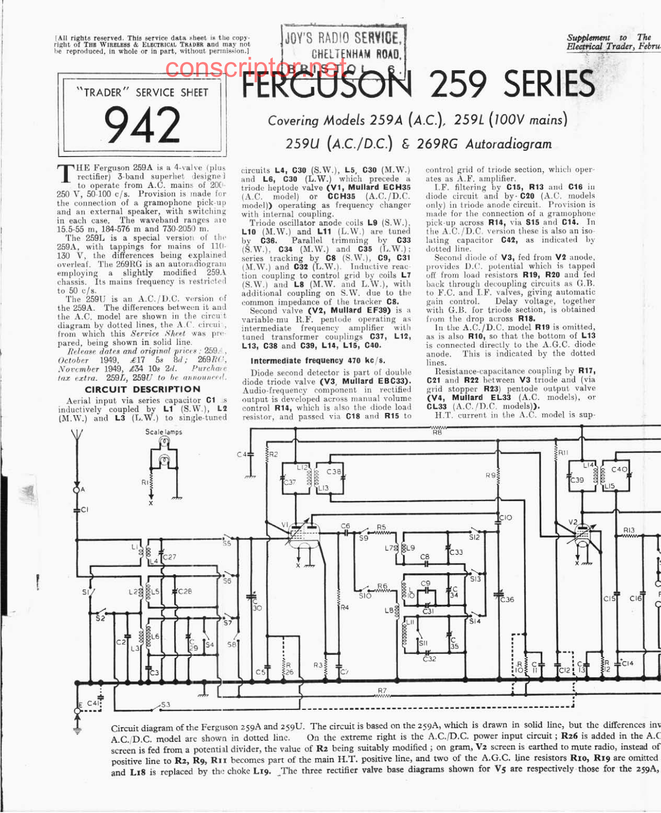 Ferguson 259A, 259L, 259U, 269RG Service manual