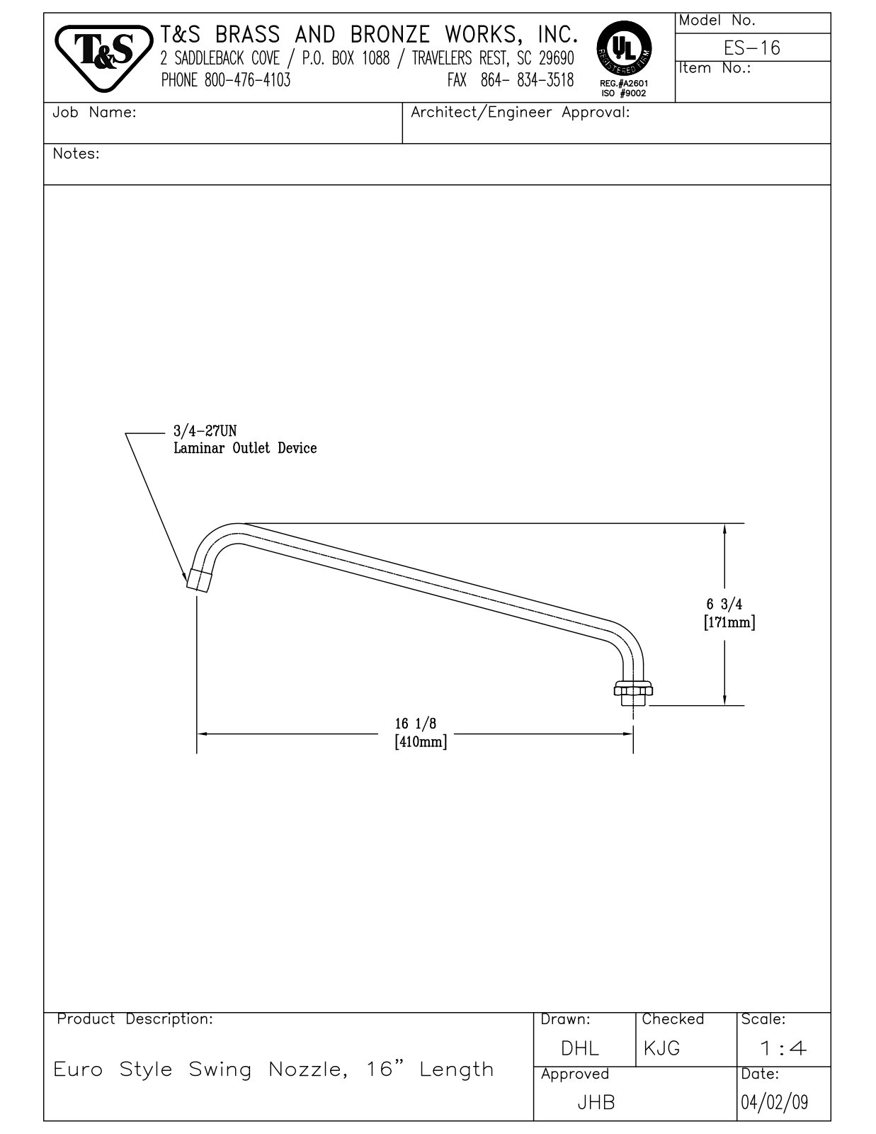 T&S Brass ES-16 User Manual