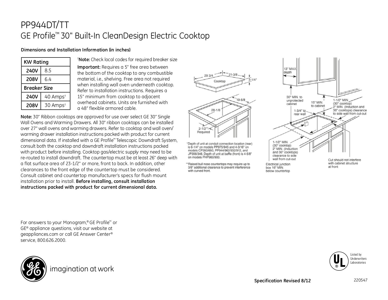 GE PP944DTBB Specification Sheet