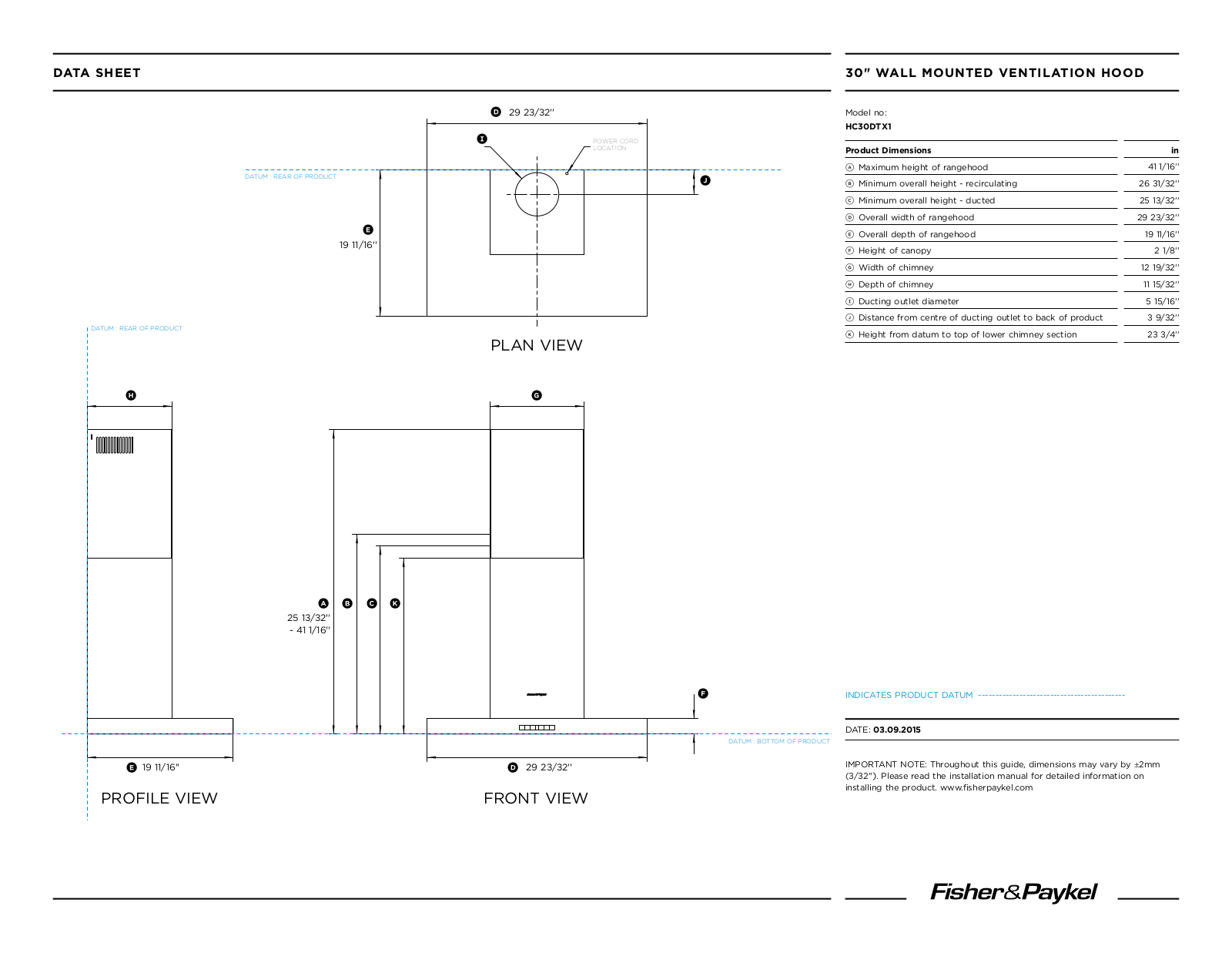 Fisher Paykel HC30DTX1 Data Sheet