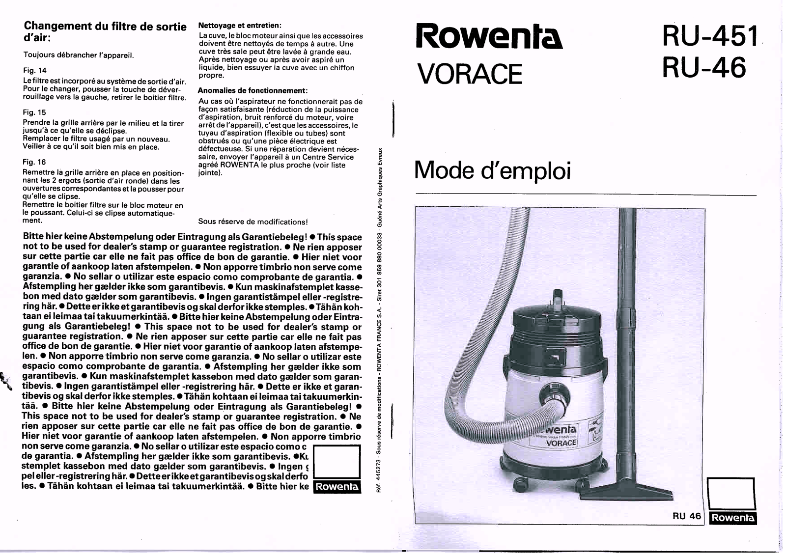 ROWENTA RU 451, RU 46 User Manual