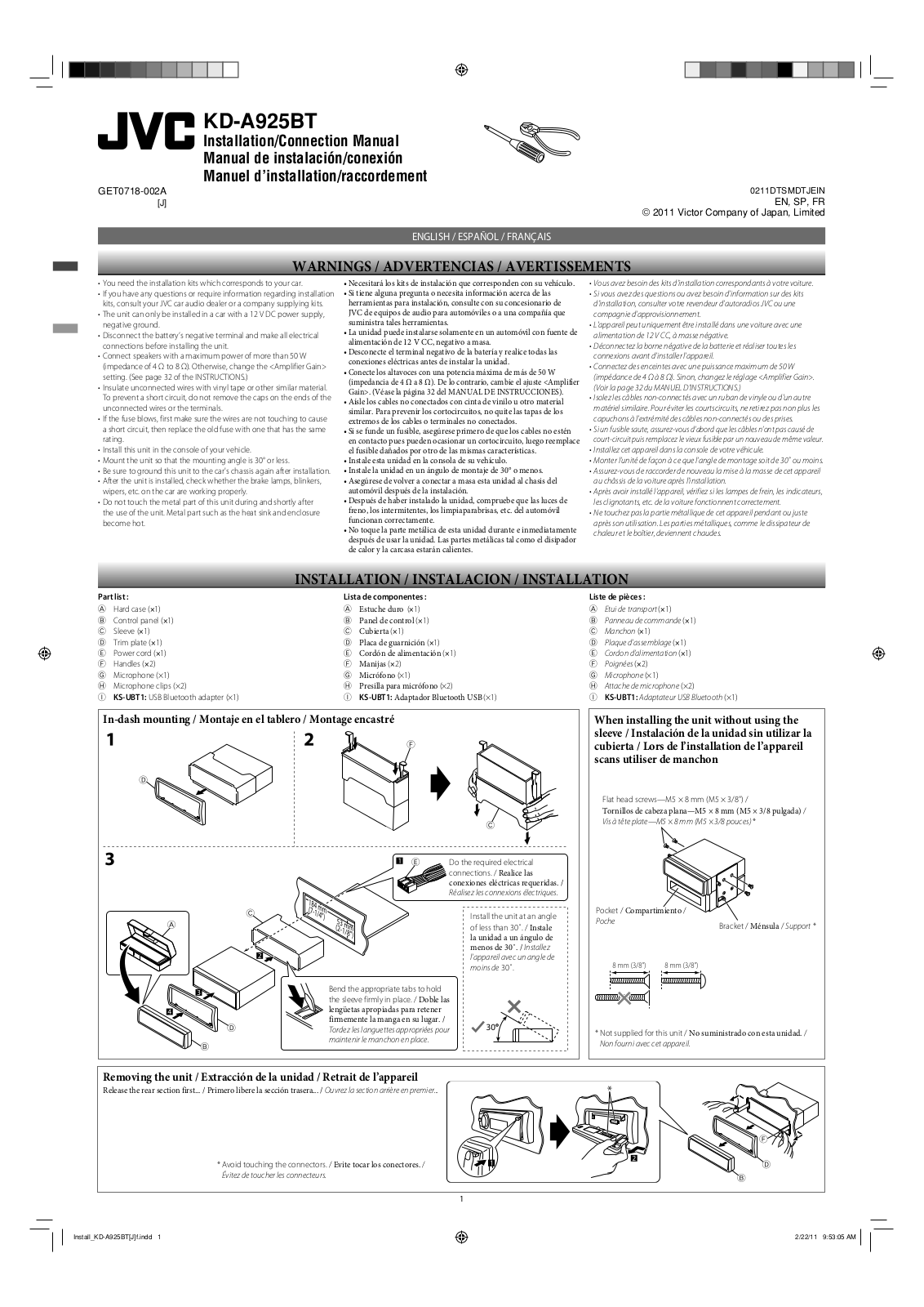 JVC KD-A925BT Installation Manual