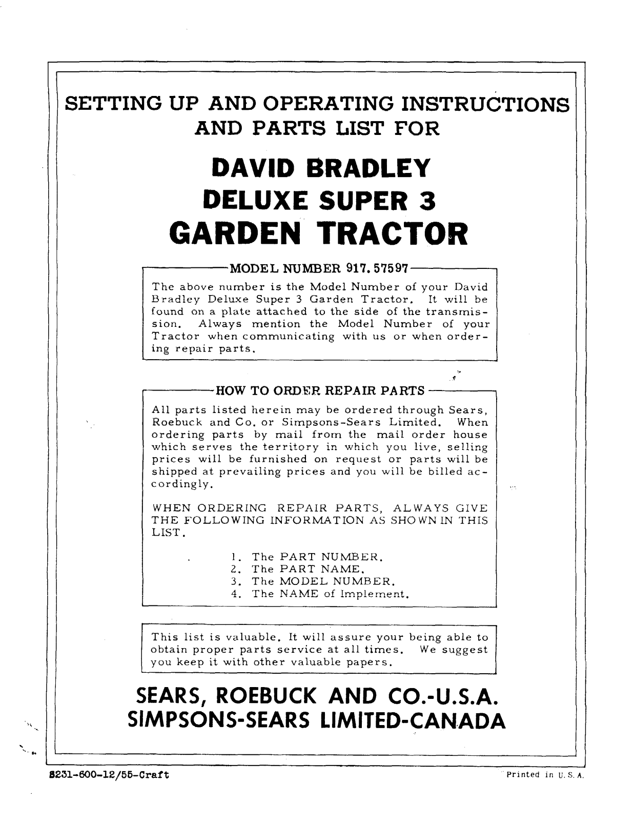 David Bradley 917.57597 Operating Instruction