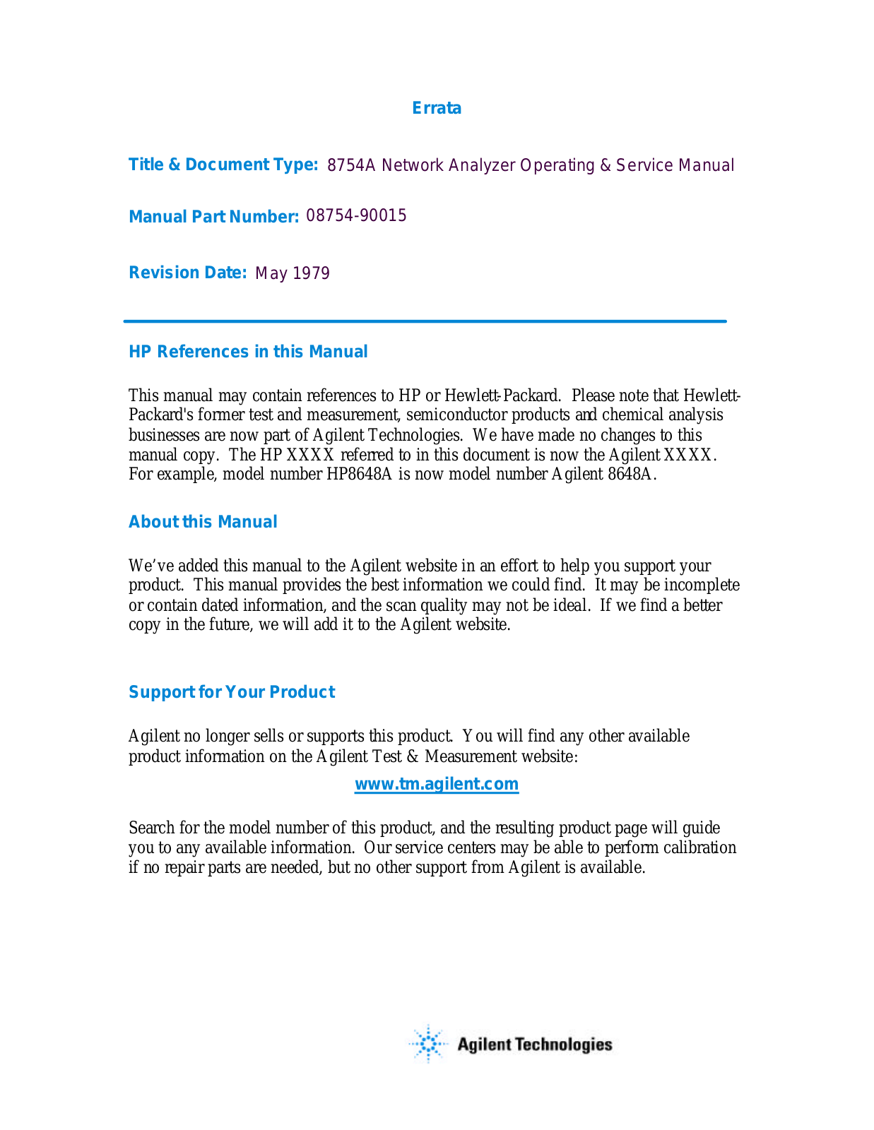 Agilent 8754A Operator Manual
