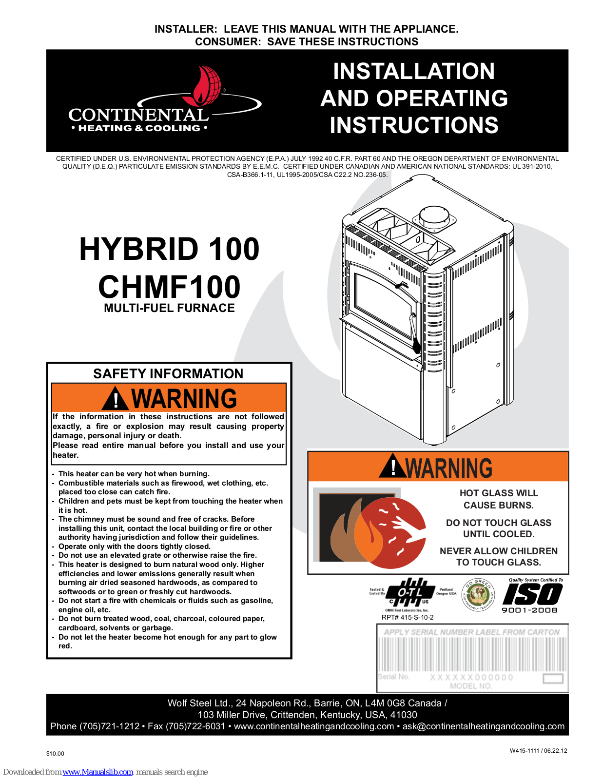 Continental Refrigerator HYBRID 100, CHMF100 Installation And Operating Instructions Manual